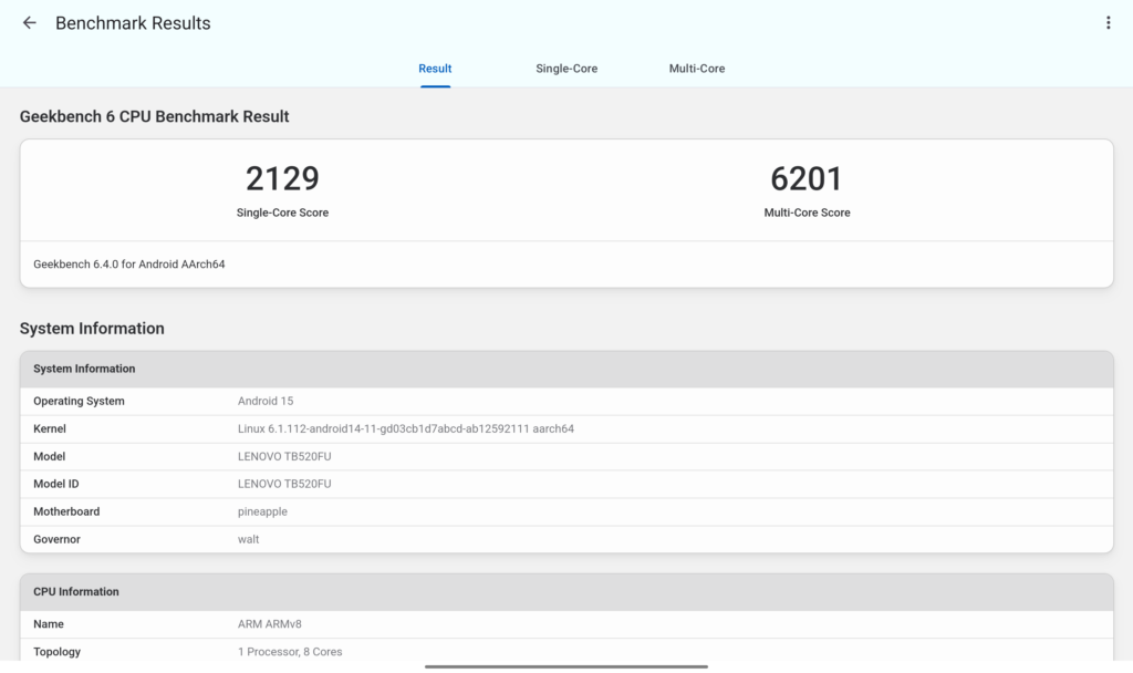 Lenovo Yoga Tab Plus GeekBench 6結果
